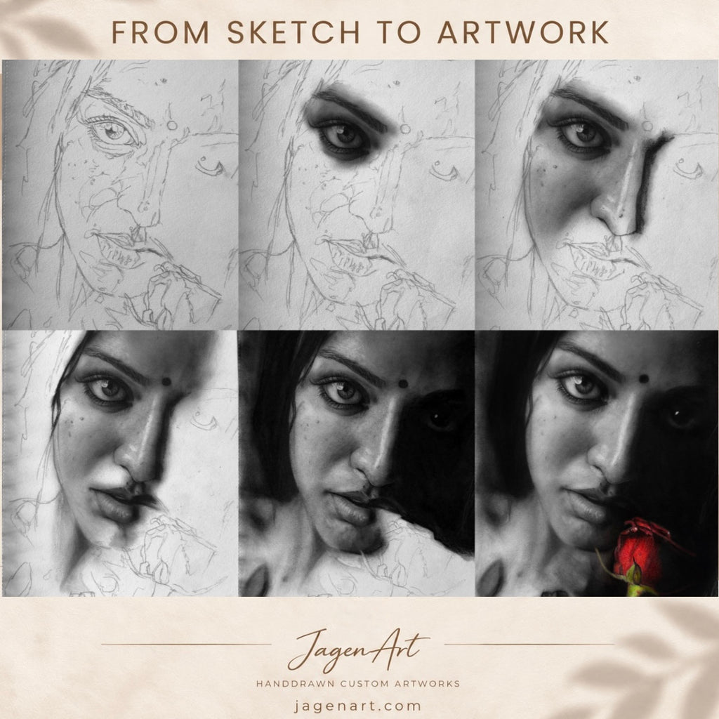 Close-up of a custom graphite pencil portrait with fine facial details by JagenArt
